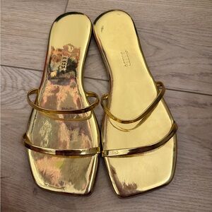 TKEES Gold Metallic Double-Strap Slide Sandals